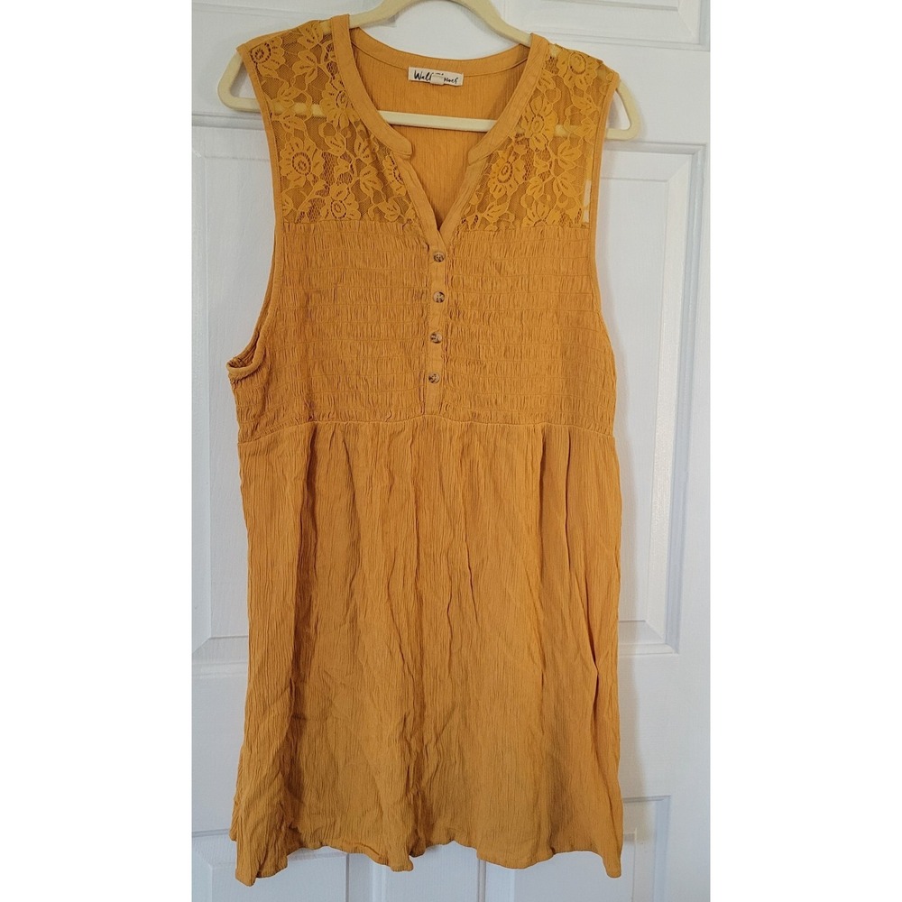 WallFlower‎ Mustard Gauze Lace Dress Women's 2X Boho Cottagecore Sleeveless Midi